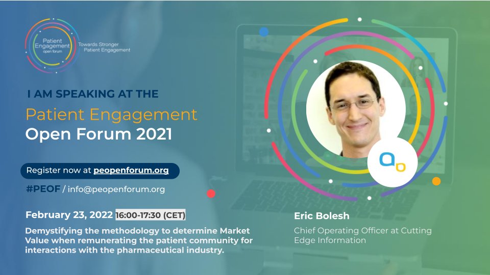 PFMDwithPatient's tweet photo. Meet our speaker Eric Bolesh from @CuttingEdgeInfo for the special #PEOF session on February 23rd. We'll discuss elements required to determine #ethical &amp; #compliant market values for fair remuneration of the #patient community. Register now ↪️https://t.co/tJaadlu5tq https://t.co/K2r0qdUGCH