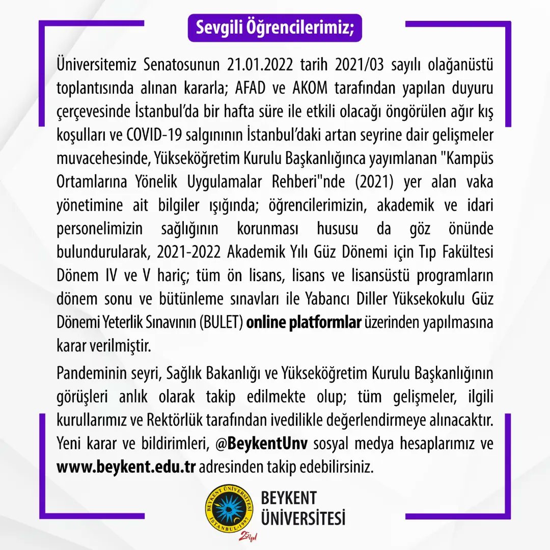 Announcement from Rectorate of Beykent University about final exams