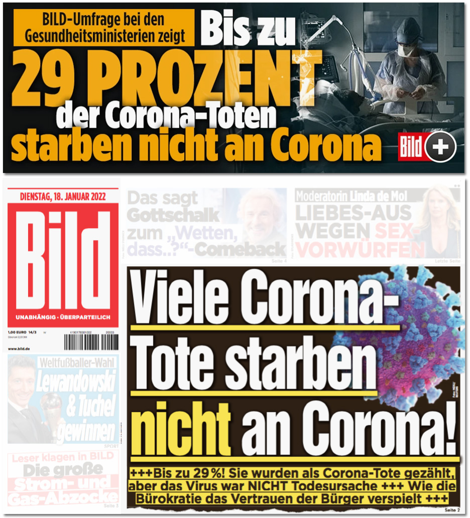 BILDblog's tweet photo. Die @BILD-Medien titelten diese Woche: "Bis zu 29 PROZENT der Corona-Toten starben nicht an Corona". Dafür hat sich die Redaktion einfach den extremen Ausreißer aus Sachsen-Anhalt rausgepickt und die Wörter "Bis zu" genutzt. Der Wert ist allerdings falsch: https://t.co/0WssSFfKAW https://t.co/Ea4ktjAORa
