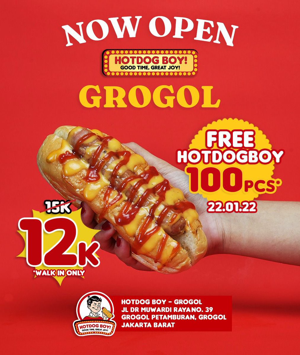 hi warga jakbar siapa yg mau dpt hotdog gratis? Hotdog Boy bagi2 100 hotdog GRATIS!! Cabang terbaru buka di GROGOL Besok 22 Januari mulai jam 12 siang ayo serbu!