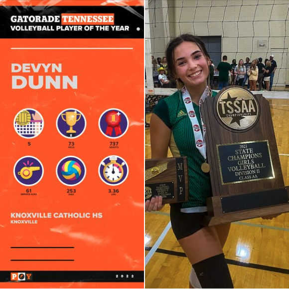 Our Devyn Dunn has been named the 2021-22 Tennessee Volleyball Gatorade Player of the Year! Beyond elite athletic excellence, Devyn's proven herself a winner for also demonstrating high academic achievement and outstanding character! #kchsvolleyball #GatoradePOY #GoIrish 🏐🍀🏐