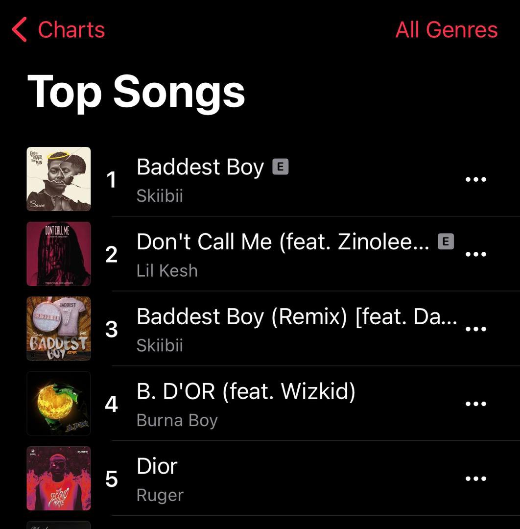 Skiibii's tweet photo. Number1 song in the country 🤯🥶 and number 3 BADDEST BOY ❤️ 

OBO thanks for making the remix wimme 💯🖤 001 no be for mouth @davido https://t.co/FCGCam3TDA