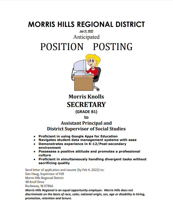 Morris Knolls HS is in need of a secretary for our General Office!  Come work with <a href="/APAatMK/">Academy for Performing Arts</a> and I in a great environment!  Use the link below to apply!
applitrack.com/mhrd/onlineapp…