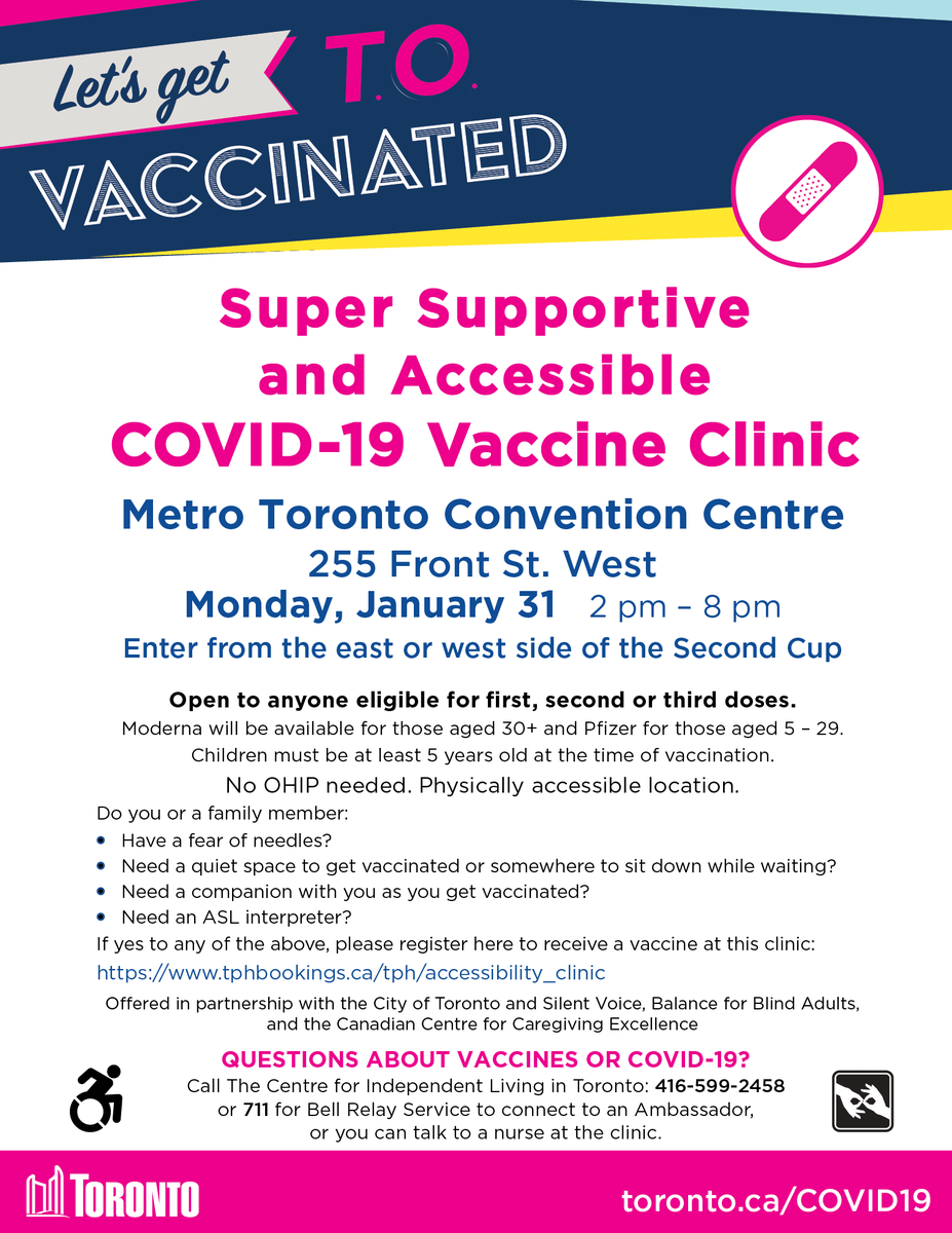LivMendelsohn's tweet photo. Barrier-free Vaccination Clinic in Toronto. Accessible with ASL interpreters on site. No OHIP needed.

https://t.co/H4W0pUSRKX
#COVID19 #COVID19Vaccine #HealthForAll https://t.co/Uoq7JXO8do