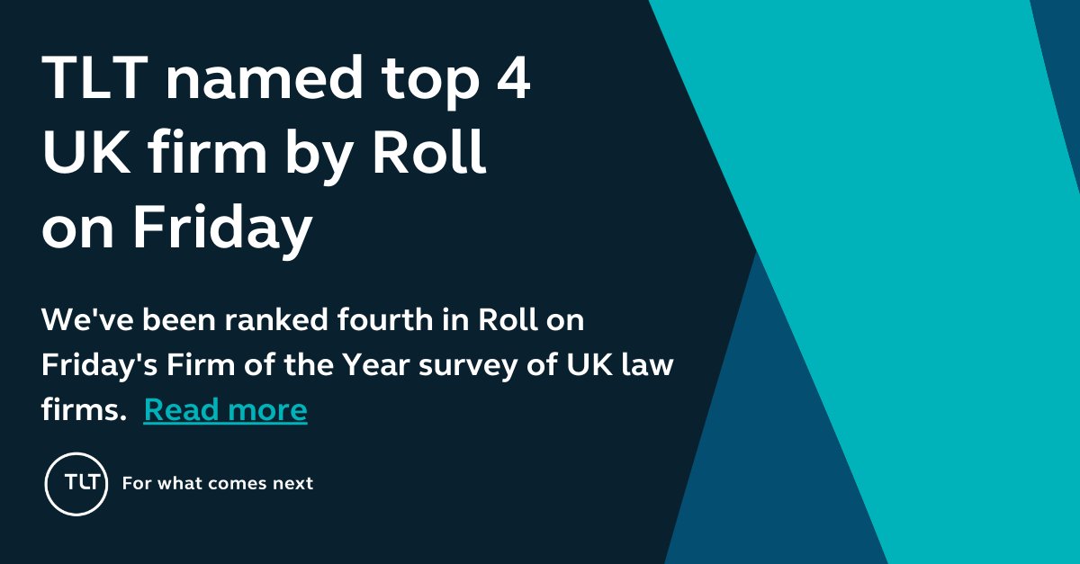TLT_LLP's tweet photo. We’re delighted to have been ranked fourth in @RollOnFridayWeb’s Firm of the Year survey of UK law firms, based on anonymous responses from partners and staff. https://t.co/jBZ27Wj8Pg https://t.co/Lgz4JHXzm2