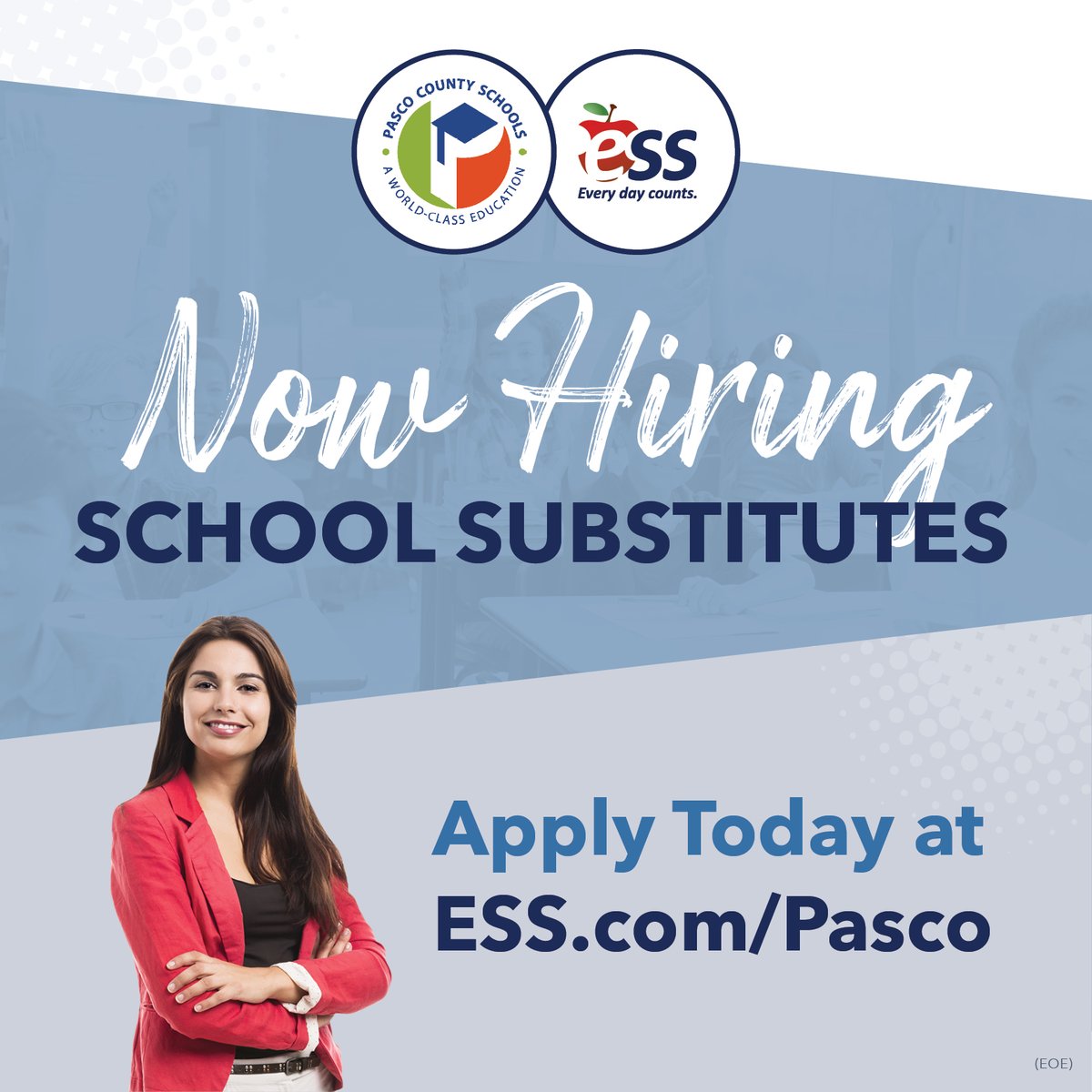ESS is the nation’s largest education management company and has partnered with Pasco County Schools to provide substitute teaching staff support.

Join the ESS Pasco team by applying at https://t.co/8O7c4PteBe

Contact Jenny Hacker at jhacker@ess.com for additional questions. https://t.co/ZmTyvtdMet