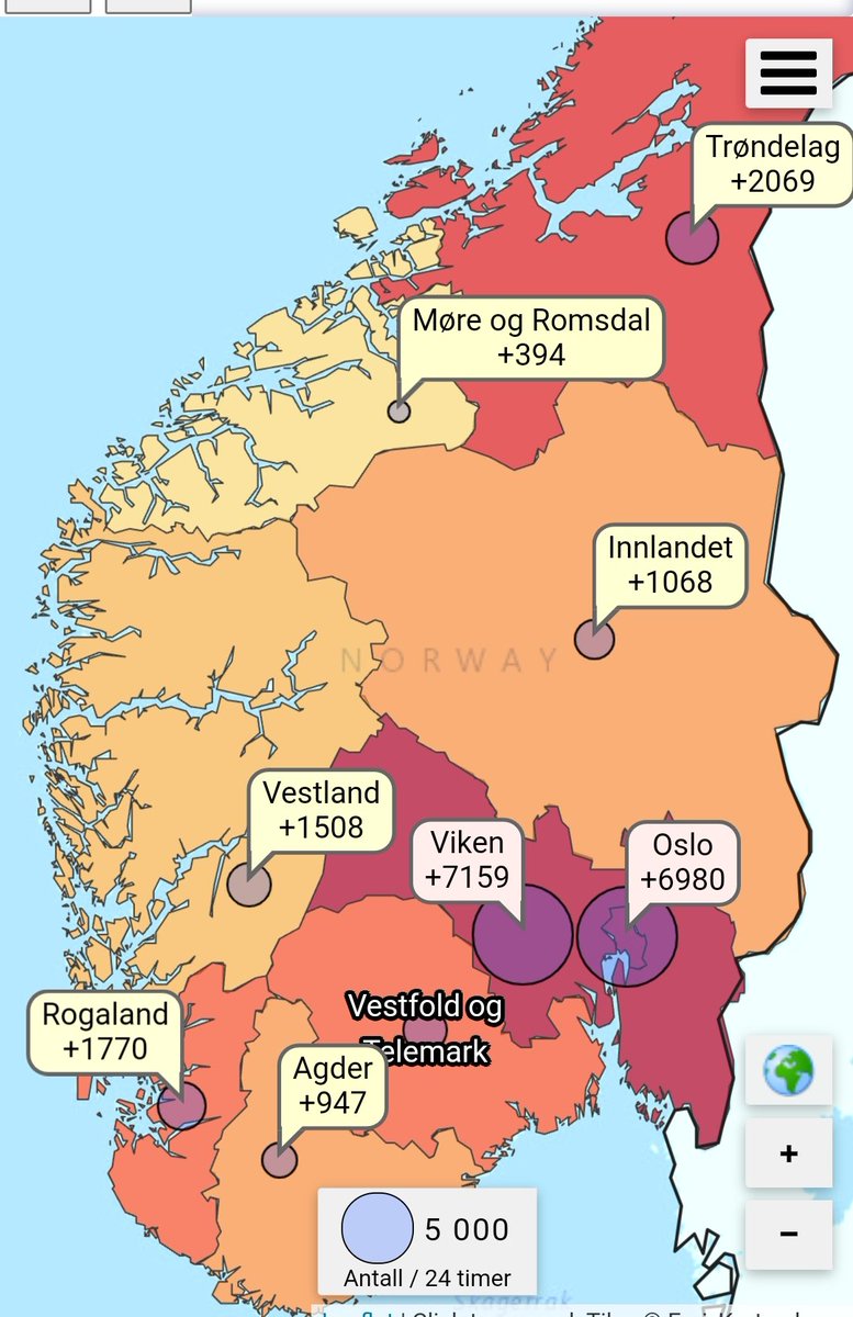 Det ligger an til ny smitterekord ved midnatt. De siste 24 timene fram til kl 15 er 24739 registrert smittet i Norge. koronakartet.no/norge