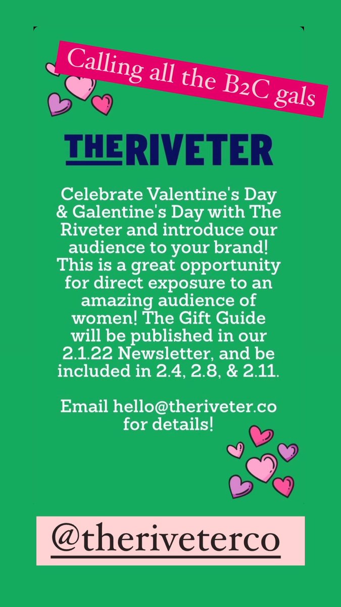 All Raise (@allraise) on Twitter photo Female and non-binary founders with a product to sell, <a href="/theriveterco/">The Riveter</a> wants to feature you in their Galentine’s Day newsletter. Great promo opportunity! Female and non-binary founders with a product to sell, <a href="/theriveterco/">The Riveter</a> wants to feature you in their Galentine’s Day newsletter. Great promo opportunity!