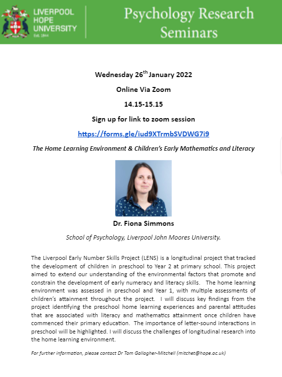 LivHopePsych's tweet photo. We are delighted to welcome Dr Fiona Simmons for our next virtual Dept talk weds 26th Jan 2.15-3.15pm talking about all things @LENS_Number further details in the image below (alt text). Sign up link for those external to Hope in the thread below. https://t.co/SQjKpBtIW0