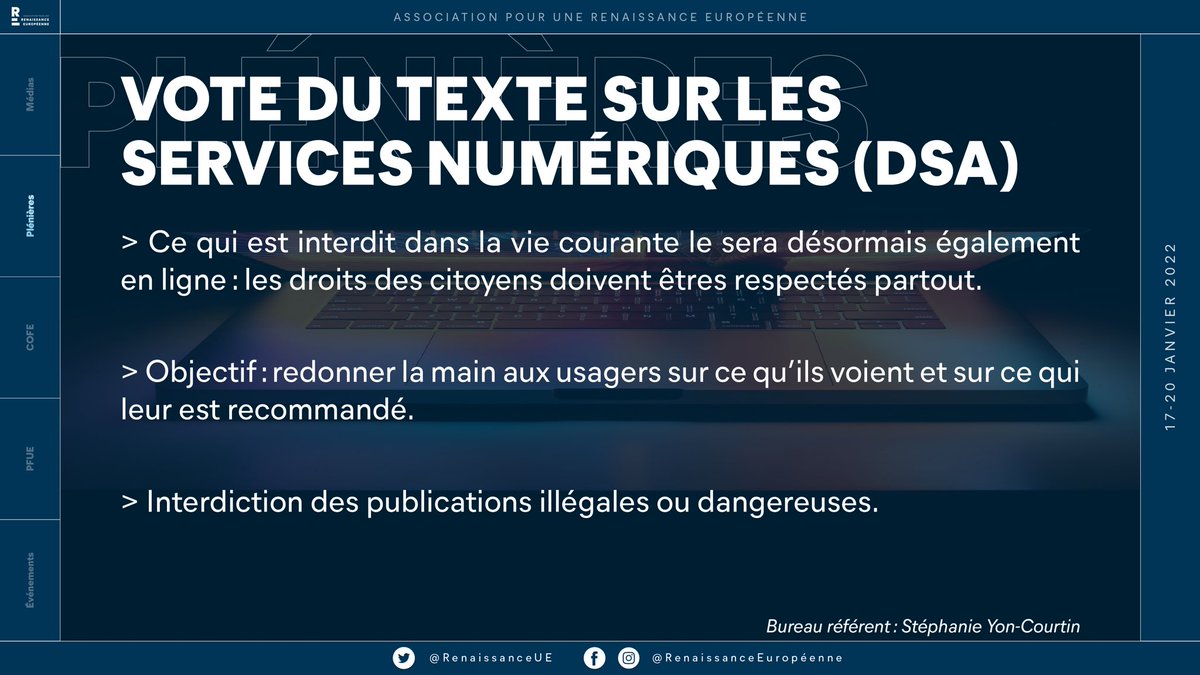 RenewEuropeFRA's tweet photo. Internet ne doit pas être le Far-West ! 

🗳Le Parlement🇪🇺adopte à 530 voix sa position sur le #DSA pour: 
- une concurrence loyale pour les entreprises🇪🇺
- une protection accrue des citoyens

@s_yoncourtin @sandrogozi 
@ThierryBreton https://t.co/fXdBt0zj7n
