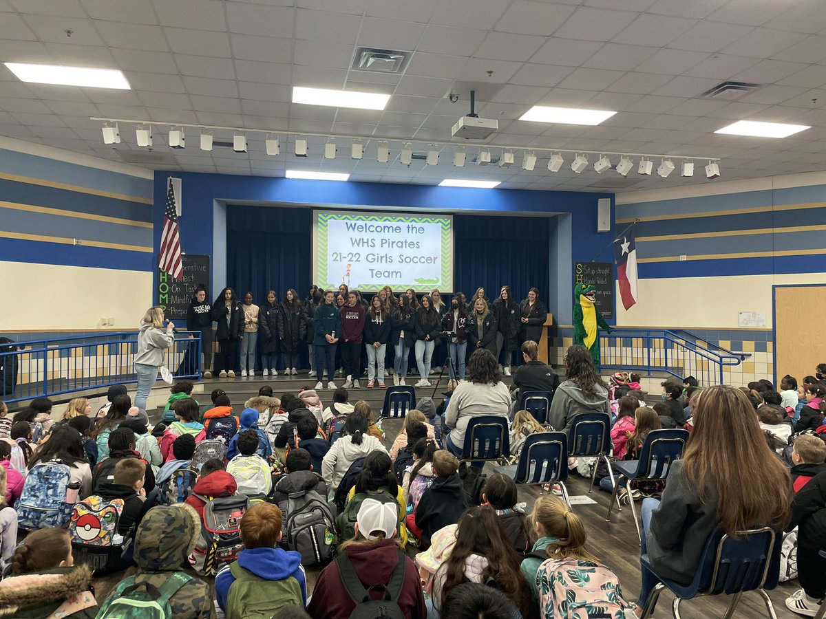 AHMOgirlsSoccer's tweet photo. Girls Soccer went over to Groves this morning and was introduced at the Gator Gathering. Thank you Groves! #WylieISD #ALLorNOTHING #GrovesElementary #AHMOSOCCER #FuturePirates https://t.co/0dcwTu6KLy