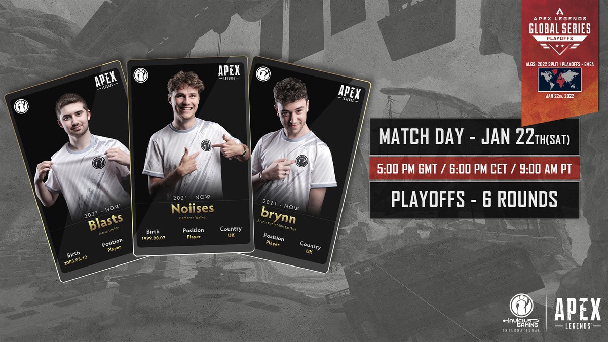 invgaming's tweet photo. [#IGApex] - EMEA Playoffs

TOMORROW at 6PM CET we start our run in the EMEA playoffs.

Watch your favourite trio wreak havoc with some fire gameplay! 🔥

We're counting on your support!

#GoInvictus #ApexLegends https://t.co/wYO6TeAgvK