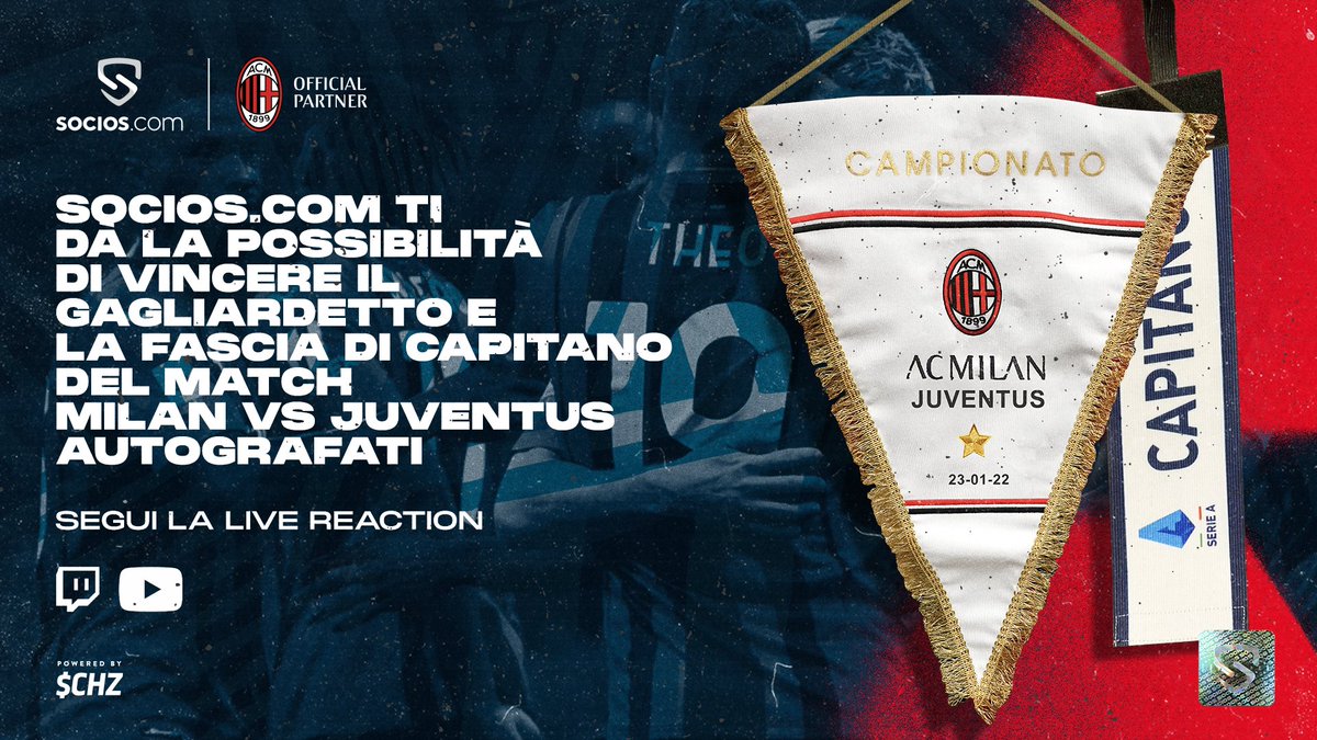 acmilan's tweet photo. Grazie a @socios hai la possibilità di vincere il gagliardetto ufficiale e la fascia indossata dal nostro capitano durante #MilanJuve! 🔴⚫
Domenica segui la live reaction su https://t.co/aePm15fnSD e https://t.co/3BZCM2tR2a per scoprire come vincere 👀

$ACM ⚡ $CHZ
#SempreMilan https://t.co/BL00bgxLHK
