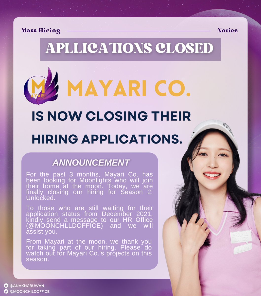 ㅤ
Mayari Co. officially closes their hiring for Season 2. To Moonlights, we thank you for taking interest and kindly wait for further updates.

For more details, kindly read the announcement below.

Please do watch out for Mayari Co.'s official projects this season. 🌙
ㅤ