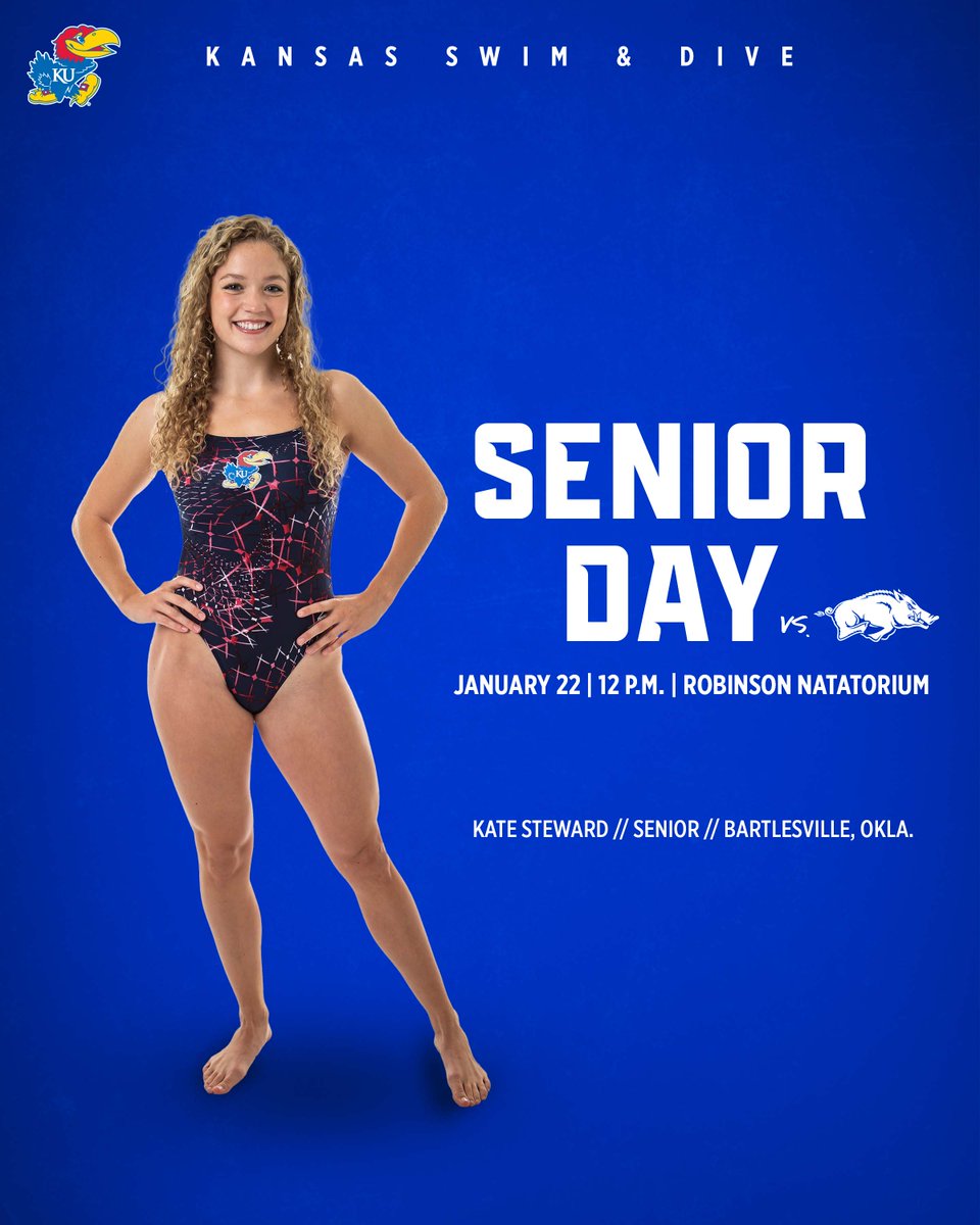 KUSwimDive's tweet photo. 💐 Senior Day 💐

🏊‍♀️ Kate Steward
🏡 Bartlesville, Okla.
📚 Bartlesville HS
👉 Three-time Big 12 Champion

Join us tomorrow for senior day as we honor our eight #KUswimdive seniors! https://t.co/JQwJXp5yLA