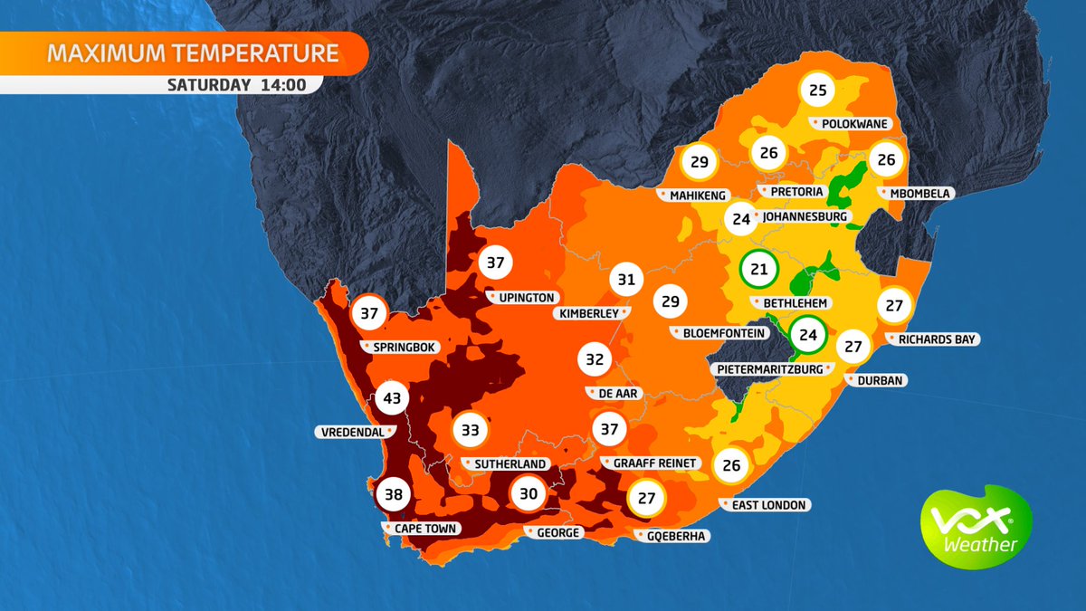 VoxWeatherZa's tweet photo. ❗🥵❗HEATWAVE ALERT❗🥵❗

Scorching weekend ahead for the Cape Provinces during   #Heatwave conditions that will last up until Sunday

Watch Meteorologist Annette Botha LIVE at 6PM for more details on what you can expect

#voxweather #heatwave #hot https://t.co/OmsbOTn6iQ