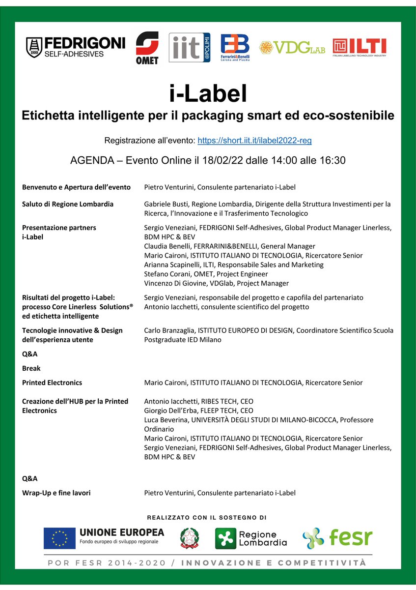 IITalk's tweet photo. . #iLabel, etichetta intelligente per il packaging smart ed eco-sostenibile.
📌Si svolgerà online l'evento di chiusura che fa il punto sul progetto: previsto il 18/02/22, 14:00-16:30.
🔗Link alle registrazioni dell'evento https://t.co/rqRNVO1C9U
---
@CaironiPME @fleeptech https://t.co/Fok5TaWP6T