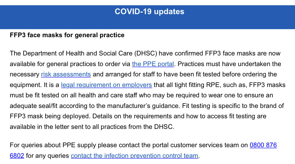 Eventually…. Just received from ⁦@NHSEngland⁩ - FFP3 masks now available for GP practices! However we need rapid access to fit testing/training to make this a reality