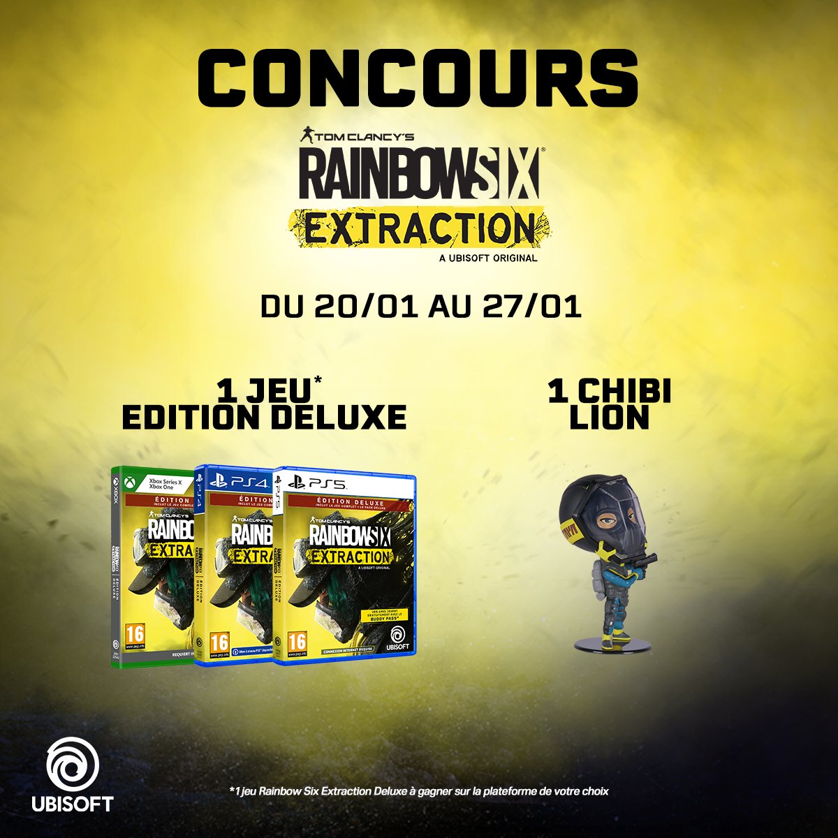 Micromania_Fr's tweet photo. ☣ A l’occasion de la sortie de #RainbowSixExtraction, tentez de remporter un jeu Rainbow 6 Extraction édition Deluxe et un Chibi Lion 🎁

⚠️ Pour participer :

☣ RT &amp; Follow @Micromania_Fr
☣ Mentionnez en réponse au moins un ami avec #R6ExtractionXMicromania

TAS le 27/01 https://t.co/Vj1LAhZSPu