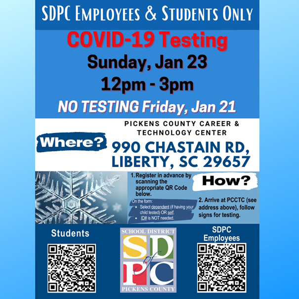 SME_Eagles's tweet photo. COVID Testing Update for this weekend

Fri. 1/21 - No Testing
Sun. 1/23 - Open 12pm-3pm

Free COVID-19 testing for SDPC Students and Employees. 

Click here for more information: 
https://t.co/DBHEs3Q9Uc https://t.co/sLNjBFeIGq