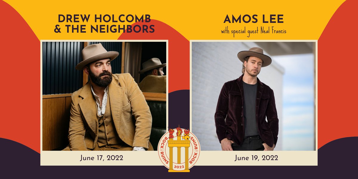 TheVogue's tweet photo. ON SALE NOW: Be one of the first people to grab a ticket to these 🔥 shows coming to #RockTheRuins 2022! 

🗓️ Friday, June 17: @drewholcomb
🗓️ Sunday, June 19: @amoslee w/ special guest @thenealfrancis

🎟️ Tickets are on sale NOW at https://t.co/Dx0tVFsPlG! https://t.co/pHeqcv5Y24