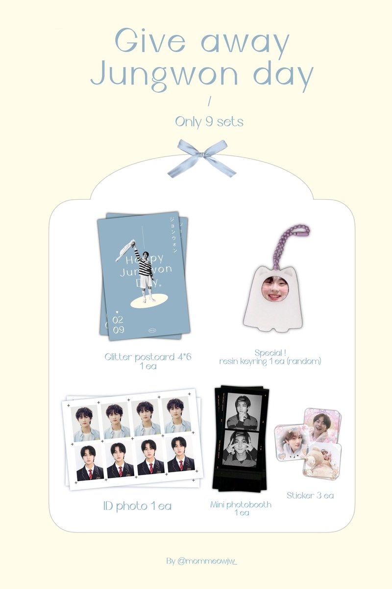 mommeowjw_'s tweet photo. ◟✦Give away Jungwon dae🥋♡

𓏳 Only 9 sets
Special .ᐟ resin keyring 
(random 1 person)

ෆ Glitter postcard
ෆ ID photo
ෆ Mini photobooth
ෆ Sticker

Shipping 35฿ 𓂃꙳⋆
ʚ form 29/01 | time 20:00 pm ɞ⁺

#HappyJungwonDay https://t.co/Vr4jduN3DX