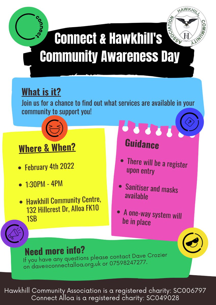 Connect Alloa and Hawkhill Community Centre are running a Community Awareness Event together next month to help the community find out more about what is available locally to support them. We would love to see you all there!