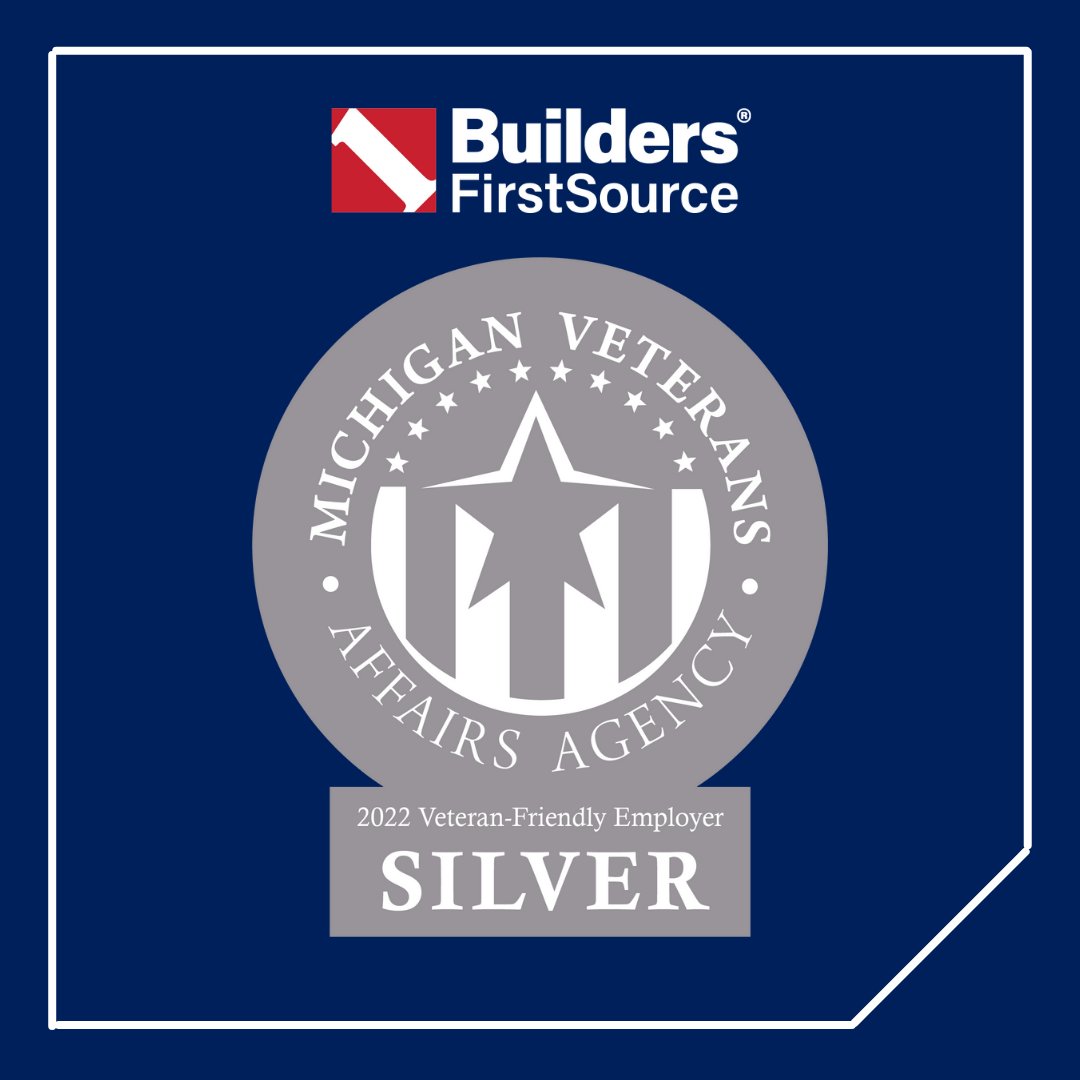 Builders FirstSource (@bldrfirstsource) on Twitter photo We are excited to announce that #BuildersFirstSource has been recognized as a <a href="/MIVeteran/">Michigan Veterans Affairs Agency</a> 2022 Veteran-Friendly Employer. 🎉
MVAA recognizes employers that commit to #military #veteran recruitment, training and retention practices.
Learn more ➡️ bldr.com/veterans We are excited to announce that #BuildersFirstSource has been recognized as a <a href="/MIVeteran/">Michigan Veterans Affairs Agency</a> 2022 Veteran-Friendly Employer. 🎉
MVAA recognizes employers that commit to #military #veteran recruitment, training and retention practices.
Learn more ➡️ bldr.com/veterans