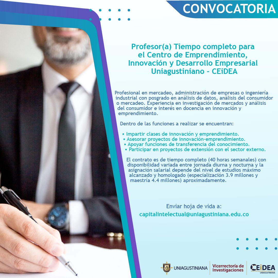 UniagustOficial's tweet photo. 💡#TrabajoSíHay: El Centro de #Emprendimiento, #Innovación y Desarrollo Empresarial Uniagustiniano, #CEiDEA está buscando un nuevo talento.
📩Revisa los requisitos y #postúlate en: capitalintelectual@uniagustiniana.edu.co
#Oferta #Laboral #Convocatoria #Vacante. https://t.co/Q7ZXWv5Dmm