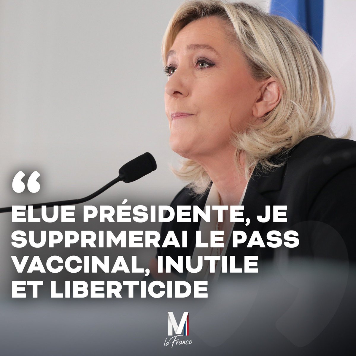 MLP_officiel's tweet photo. Élue présidente, je supprimerai le #PassVaccinal. Rien ne justifie, sur le plan sanitaire, un dispositif qui porte une telle atteinte aux libertés des Français.

👉🏻 https://t.co/IA0Lcn0DPU https://t.co/pKfL959mu7