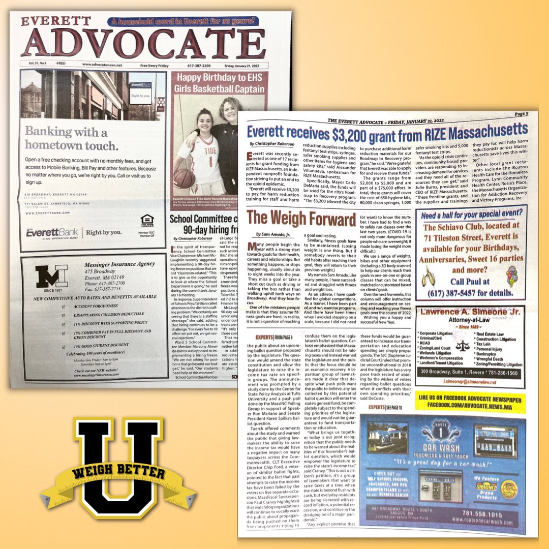 WeighBetterU's tweet photo. We’ve partnered up with the Everett Advocate to publish articles on health and wellness. Our first article is out this week. #everettadvocate #published #newspaperarticle #weighbetteru https://t.co/SNqO0CsJsJ
