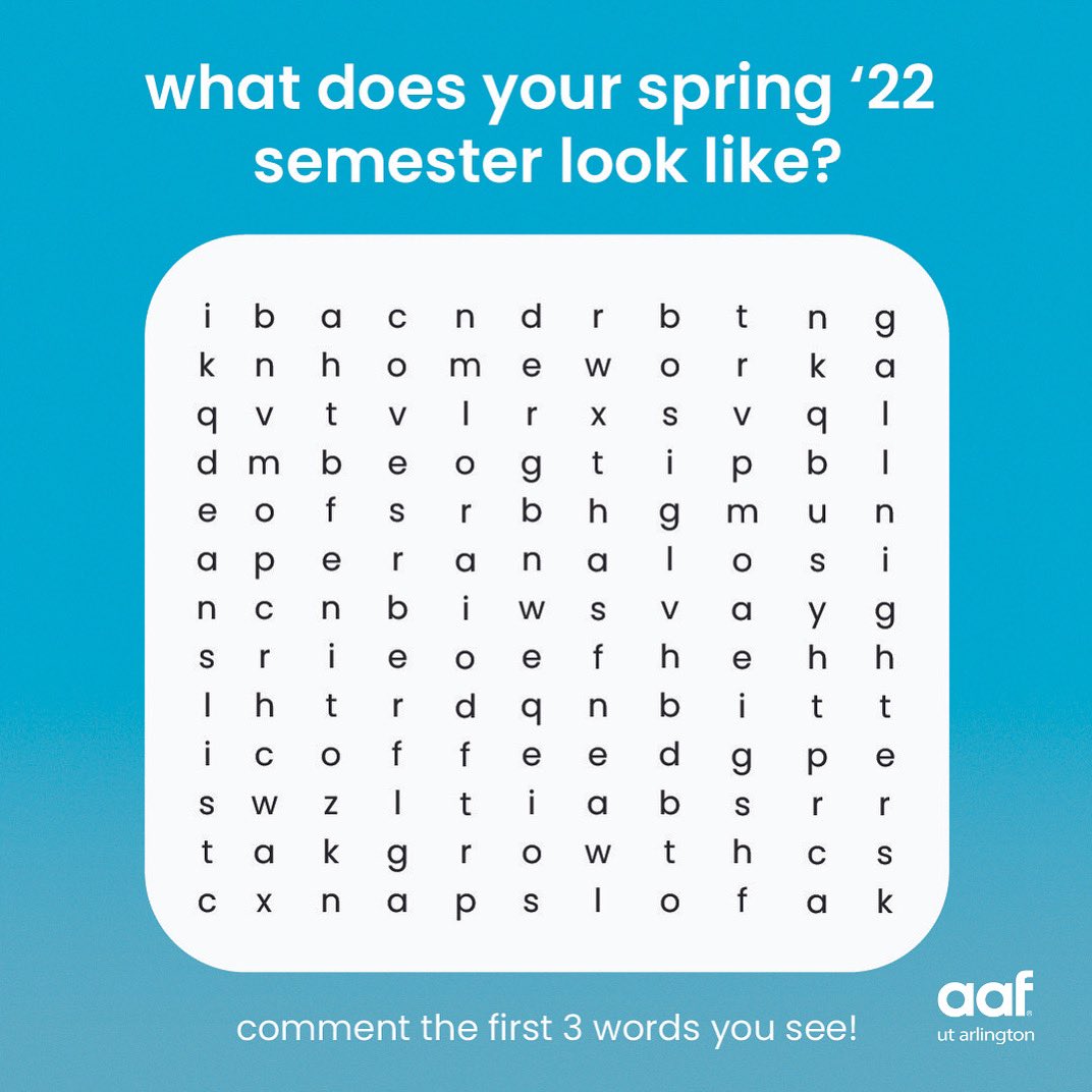 First week of classes. ✅ Check out our word search to see what the rest of the spring semester holds for you.✨
#utarlington #utacomm #aafuta