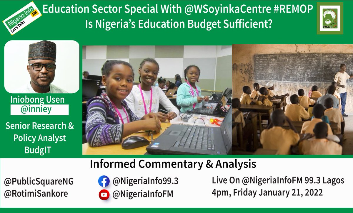 PublicSquareNG's tweet photo. #Nigeria's Education Sector Faces Multiple Challenges.
Is The #Education Budget Sufficient?
Is #Budget Utilization Maximized?
Iniobong Usen/@inniey of @BudgITng Joins @RotimiSankore & @AghoghoOboh
- For @PublicSquareNG #EducationDay Special With @WSoyinkaCentre #REMOP https://t.co/zpqaUc5YrG