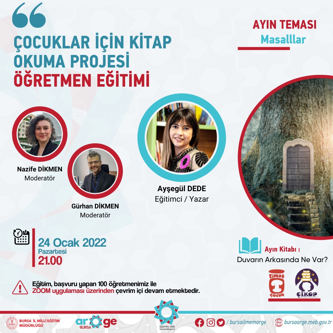 Birimimiz tarafından “Çocuklar İçin Kitap Okuma Projesi Öğretmen Eğitimi” toplantısı 24 Ocak 2021 saat 21.00'de eğitimci/yazar Ayşegül DEDE ve katılımcı öğretmenlerimiz ile  ZOOM üzerinden gerçekleştirilecektir. @bursailmem @serkangur_ist @mahmut34979199