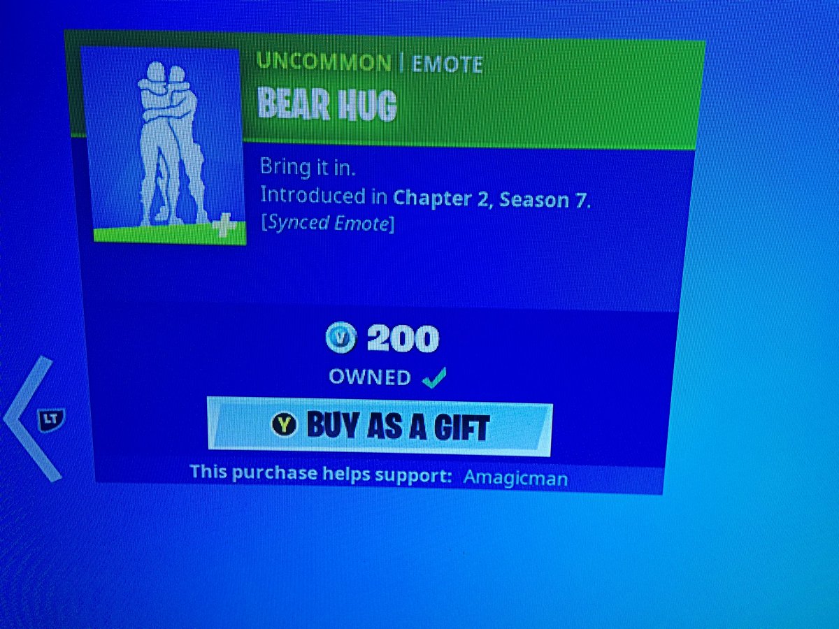 ShawnMS421's tweet image. Used code @amagicmantv to get the Bear Hug emote!! Use code ‘amagicman’ in the Item Shop #CodesForKids