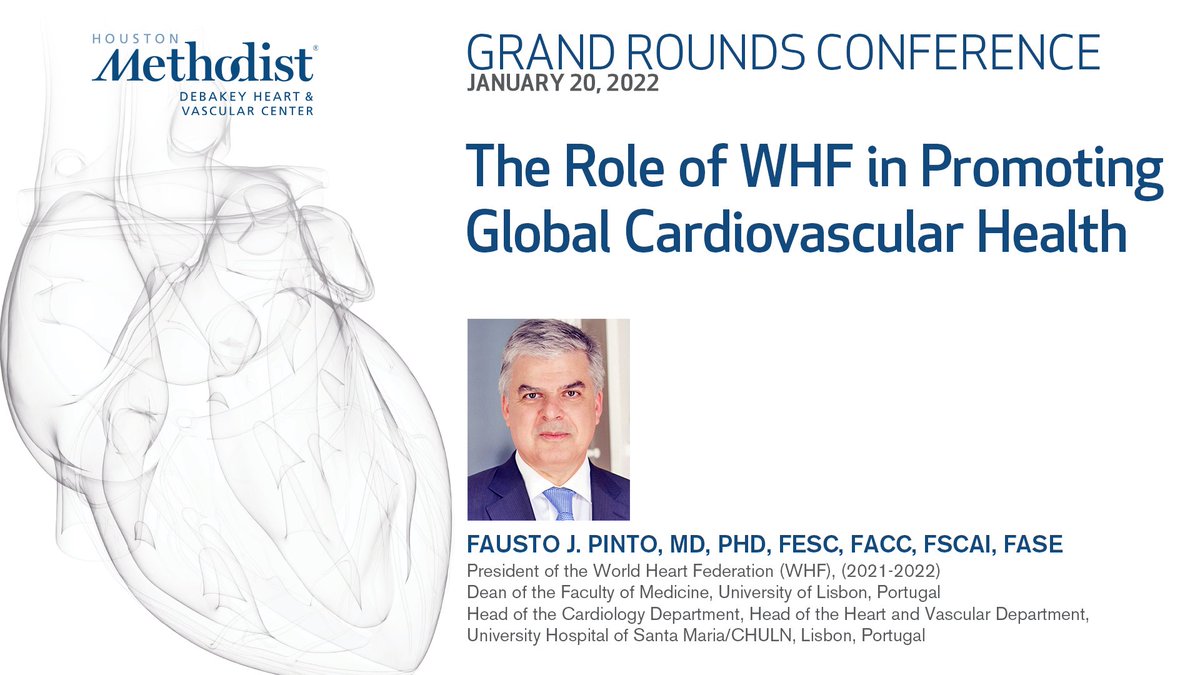 Yesterday, WHF President @fjpinto1960 presented 'The role of WHF in promoting Global Cardiovascular Health' at the @DeBakeyCVedu's Grand Rounds. Watch the session to learn about our #COVID19 study, World Heart Observatory, #CVDRoadmaps and more 👉 bit.ly/3AiWVSm