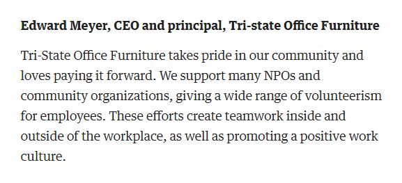TriStateOffice's tweet photo. Here's one of the reasons @TriStateOffice is a recipient of a Pittsburgh @bizjournals 2021 Best Places to Work Award ... Check out how #TristateCares by helping others in our community: https://t.co/1KsuCx7htx https://t.co/4wzIWJXKs8