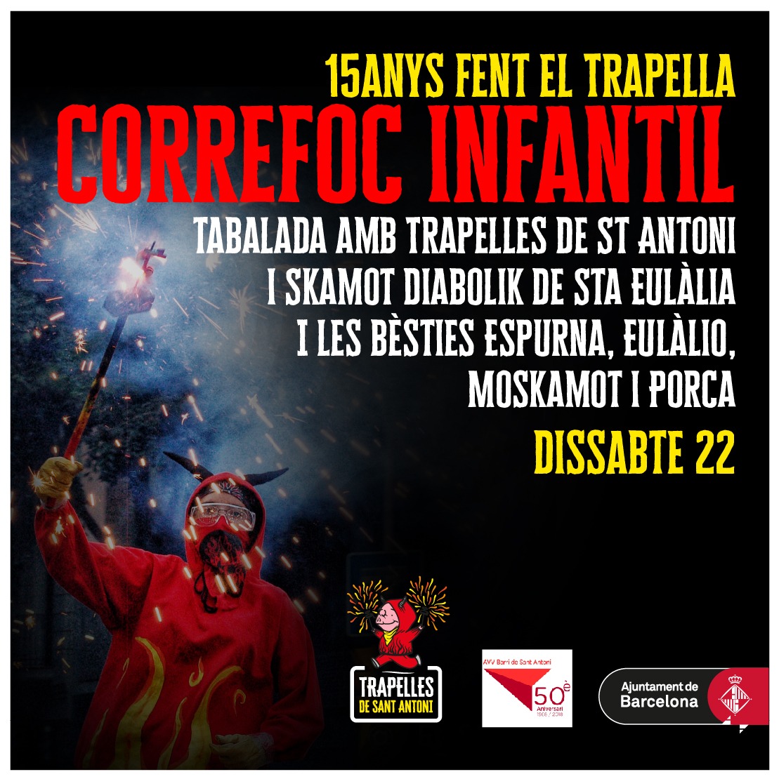DiablesTrapes's tweet photo. Ja ha arribat el moment de ballar sota el foc!!! 2 anys ha costat però demà tindrem FOC, FOC, CORREFOC!

Canalla trapella, us hi esperem vestits com cal per celebrar els 15 anys de la colla, us volem veure gaudint sota les guspires i amb l'#Espurna i #LaPorca!

(horaris👇🏾) https://t.co/0zX0N3b4vD