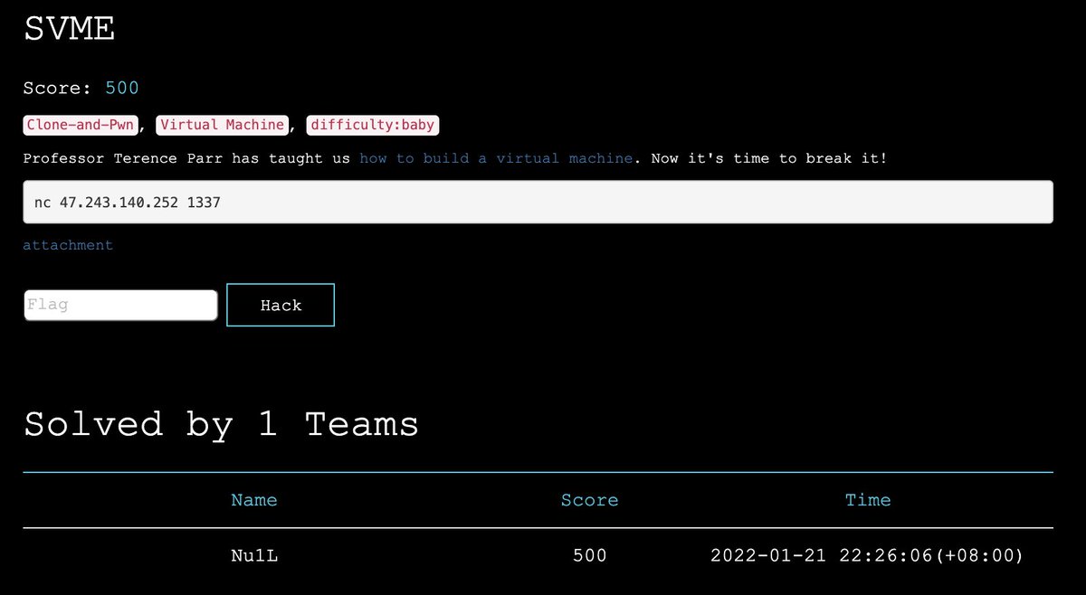#realworldctf And team Nu1L <a href="/Nu1L_Team/">Nu1L</a>  got a new FLRST BLOOD of SVME shortly, congrats!