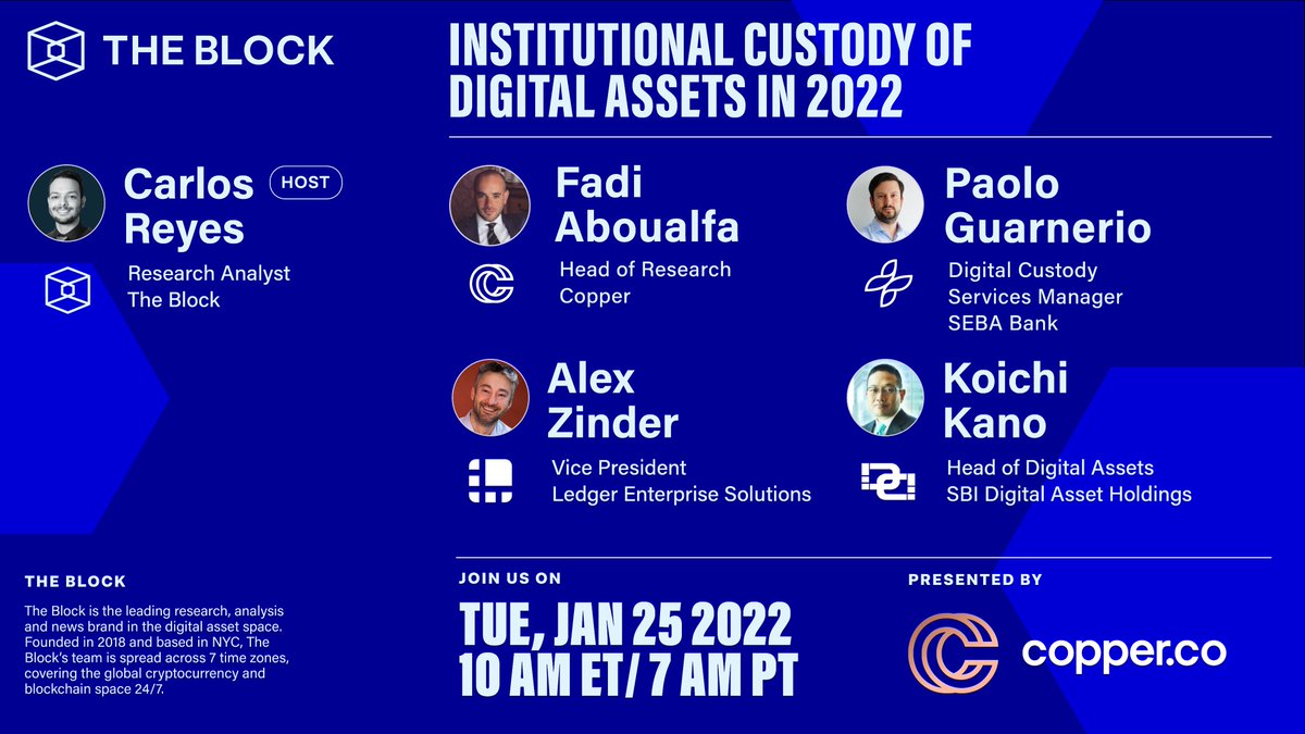TheBlockCo's tweet photo. 🎦 Webinar Alert 🎦

Join us next Tuesday at 10am ET for our next webinar on Institutional Custody!  Join our host @Crypt0Carlos, Fadi Aboualfa of @CopperHQ, Alex Zinder of @Ledger, Paolo Guarnerio of @WeAreSEBA and Koichi Kano of @SBI_DAH 

Register Here:
https://t.co/HpPRJ56Za1 https://t.co/7ivWcLaBEx