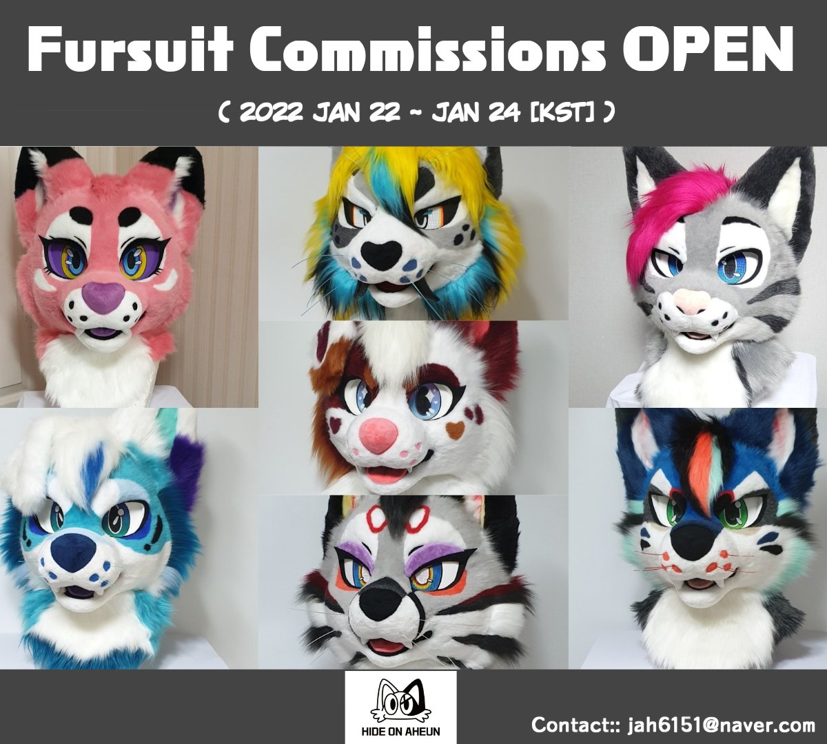 ✨ FURSUIT COMMISSIONS ARE OPEN ! ✨ 

Commissions are open from January 22th ~ 24th(KST), please fill in form if you're interested entered our official queues. 

📌 Commission form : forms.gle/TqSwhYRZGKCFe7…
• Terms of Service : aheunzzip.wixsite.com/hideonaheunfur…
#HideonAheun