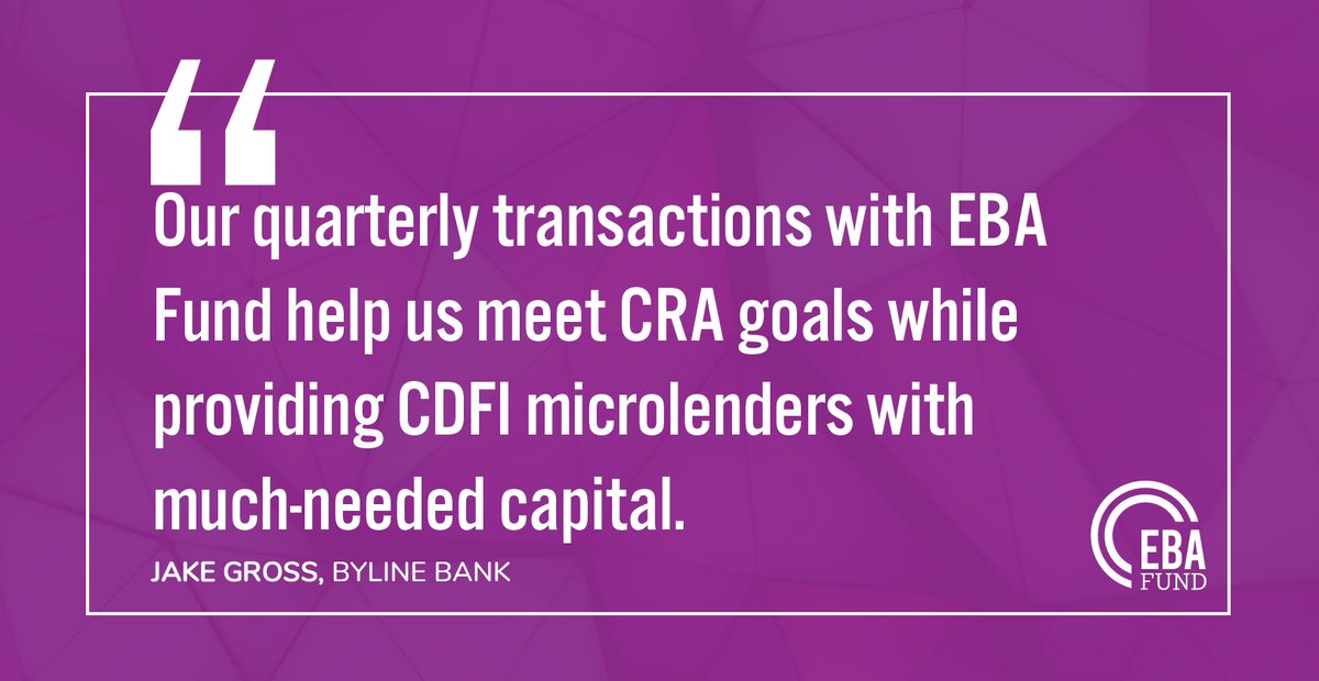 EBAFund's tweet photo. We completed another purchase with @bylinebank! By purchasing loans from EBA Fund every quarter Byline Bank can meet CRA goals while providing CDFI microlenders with capital on a regular basis. #bankpartner #CRA #smallbusiness https://t.co/cN17s96QwI