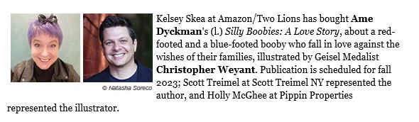 I am so delighted to be working with this terrific team on this funny, meaningful book about moving beyond differences . . . and birdies who fall in love. Can't wait for this one! @AmeDyckman @ChristophWeyant #TwoLions #SillyBoobies #kidlit #picturebooks