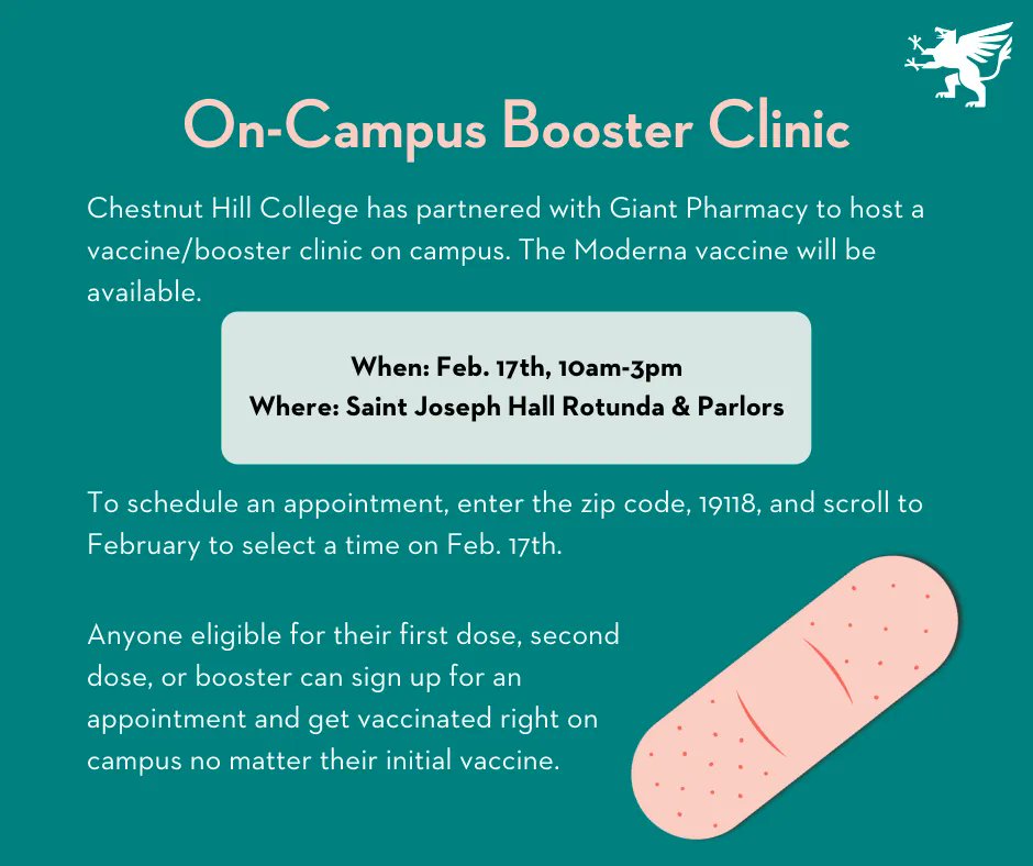 Chestnut Hill College Chc Has Partnered With Giant Pharmacy To Host A Moderna Vaccine Booster Clinic On Campus When Feb 17 10am 3pm Where Saint Joseph Hall Rotunda Amp Parlors Register Here