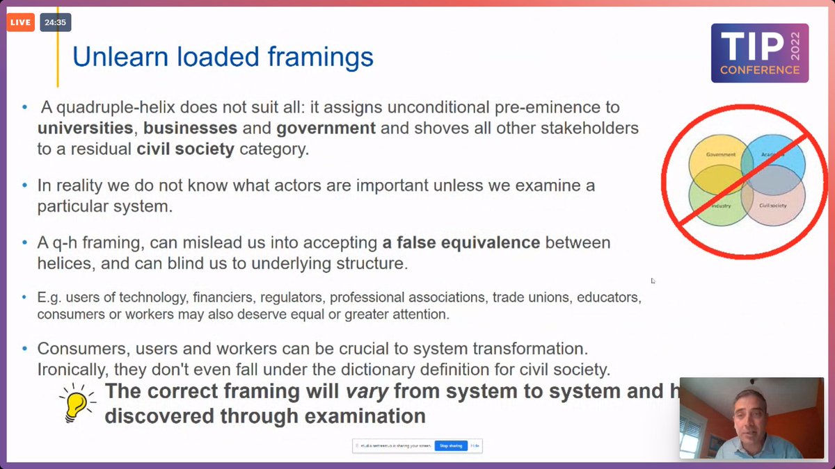 paulakivim's tweet photo. Dimitrios Pontikakis from EC JRC emphasises unlearning old #innovationpolicy framings to adopt transformations thinking. #TIPCon2022 #sustainabilitytransitions https://t.co/LLQY3mYPbY