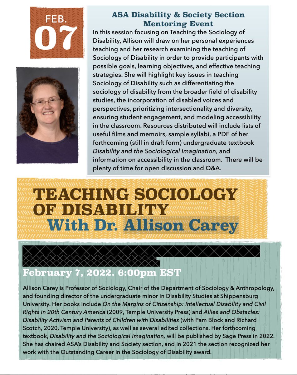 📆 SAVE THE DATE 📆

Join us for the <a href="/ASADisability/">ASA Section on Disability in Society</a> mentoring event: Teaching Sociology of Disability with Dr. Allison Carey on February 7th at 6:00pm EST. More information below. DM this account for the Zoom link.