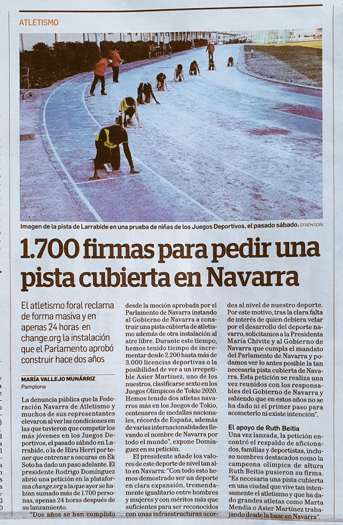 Efrengr72's tweet photo. Jamás pensé en aparecer como autor de la foto de una noticia en @DiariodeNavarra 🤭
Agradezco a @MigVillasenor ese retweet que ha conseguido hacerla viral y a @Rodriwalk77 por su perseverancia reclamando algo que los atletas navarros se han ganado a pulso.
@atletismoFNAF
#pistaya https://t.co/Vxzf1wOArB