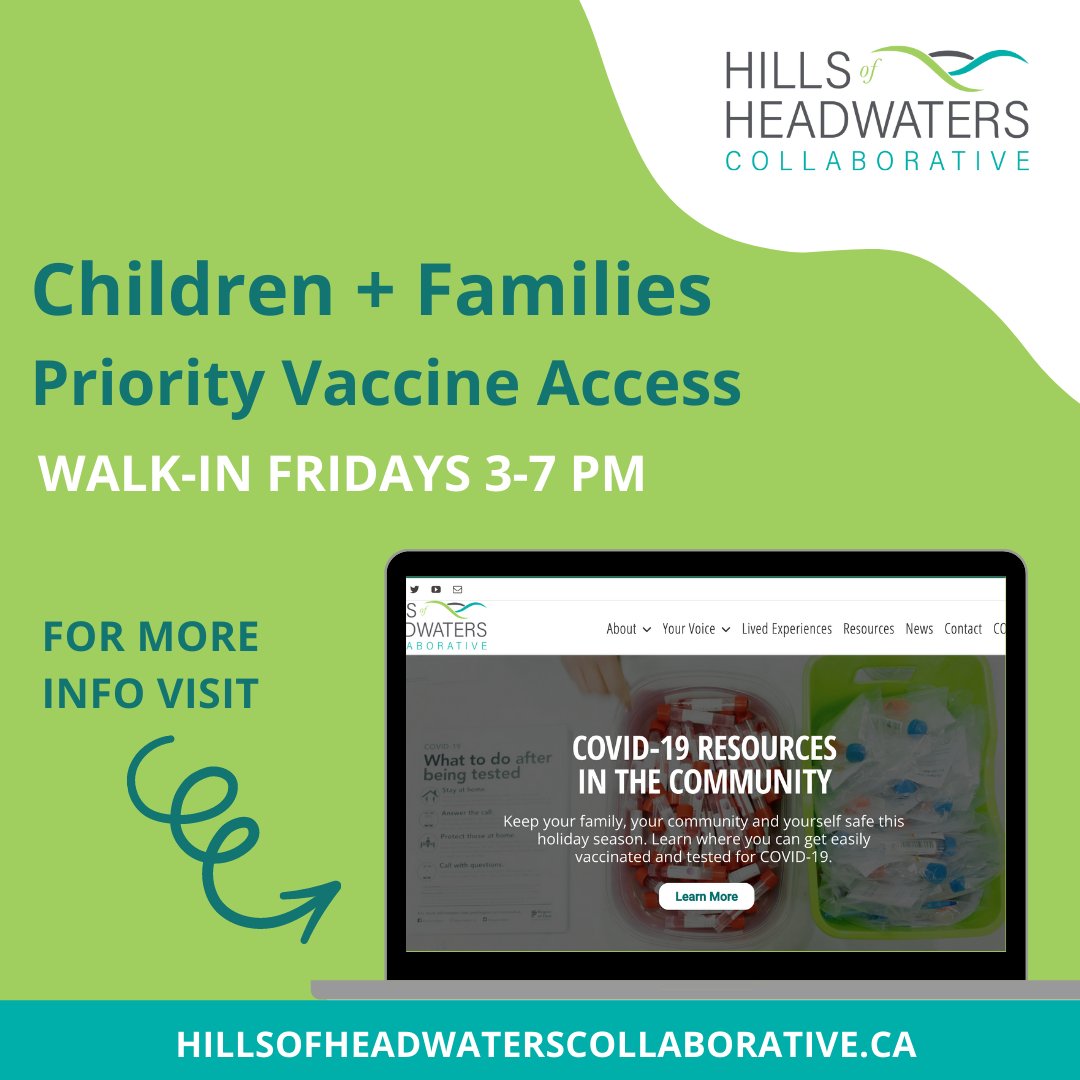 WALK-IN Priority Access: Children, families and educators are being prioritized for their first, second and third doses. Fridays 3-7 p.m. at the Caledon Centre for Recreation &amp; Wellness.
 
Pfizer: Ages 5 to 29
Moderna: 30+

For more information visit: ow.ly/rsLf50HzUxZ