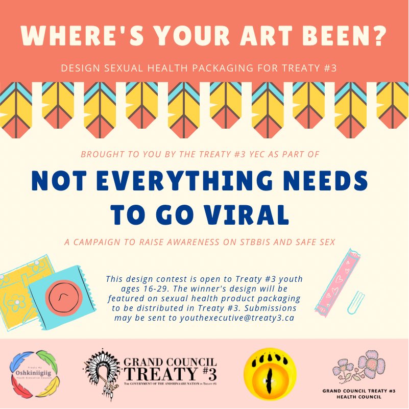 Where could your art be?

The YEC is looking for Indigenous artists in Treaty #3 to submit their packaging designs for sexual health product kits that will be distributed in Treaty #3. Submissions can be sent to the YEC at youthexecutive@treaty3.ca