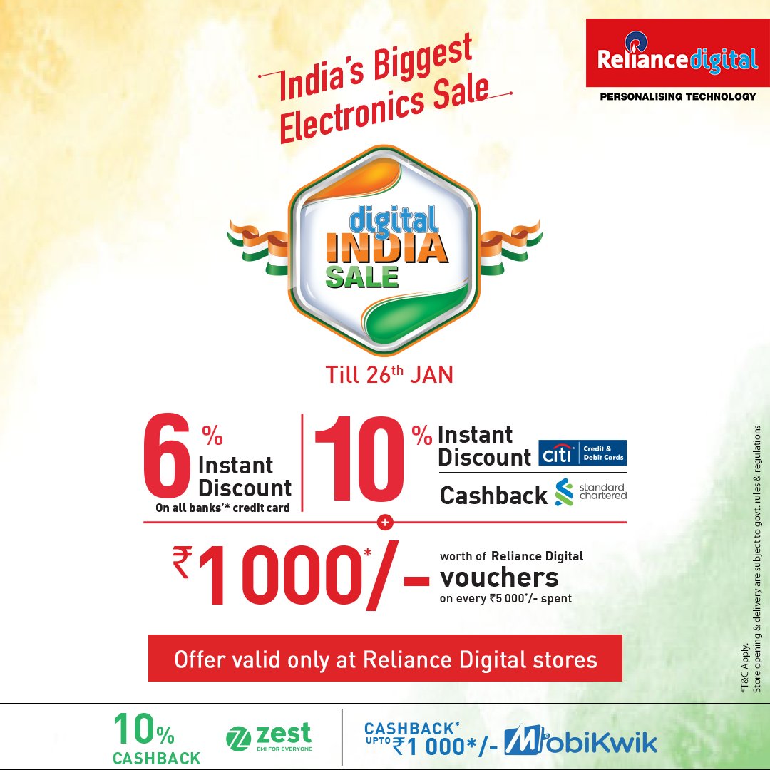 RelianceDigital's tweet image. Visit any of our stores during the #DigitalIndiaSale &amp;amp; enjoy a 6% instant discount on all banks'* credit cards. Also, enjoy a 10% instant discount on Citi Bank cards or a 10% cashback on Standard Chartered cards. T&amp;amp;C Apply. #Deals4India